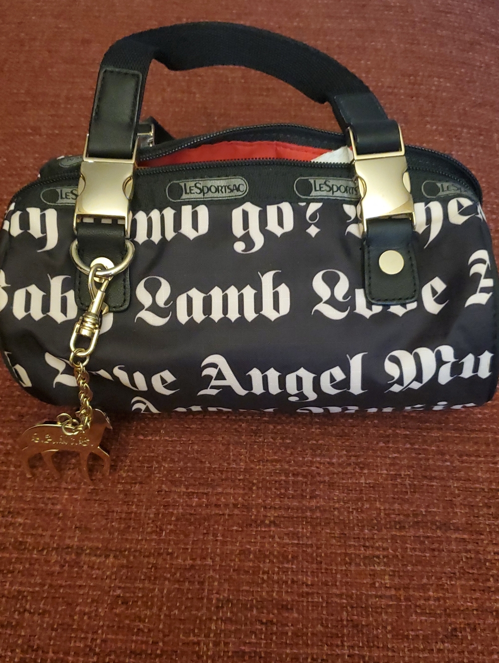 LeSportsac Lamb Black Script Logo Mini Barrel 8x5 Lamb Gold Charm